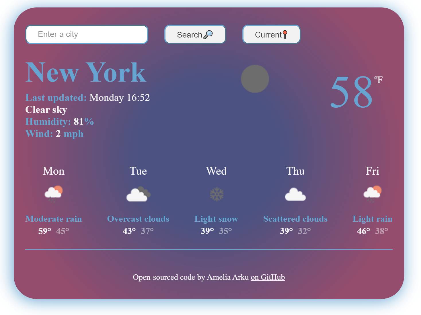 Preview of Weather app by Amelia Arku